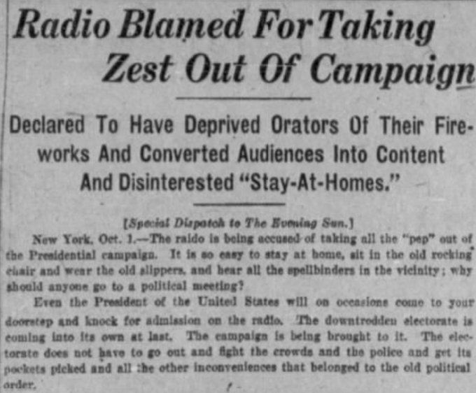 An old news paper clip claiming that radio is killing political campaign stumping.